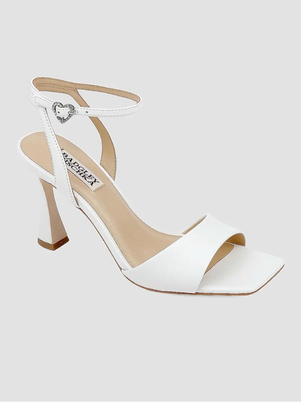 Badgley Mischka White Ankle-Strap Heeled Sandal with Heart Buckle